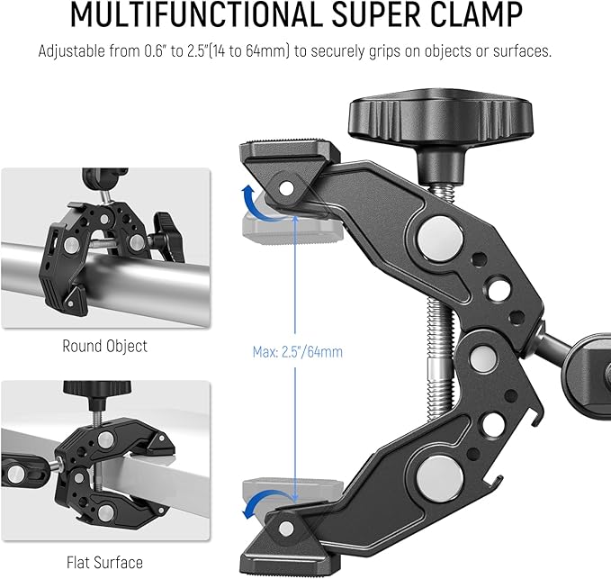 NEEWER Super Clamp Magic Arm Camera Mount with Phone Holder Action Cam Adapter Ball Heads 1/4" Threads Cold Shoe Cleaning Cloth Compatible with SmallRig GoPro for Desk Tripod Crossbar Gimbal Rod, ST83