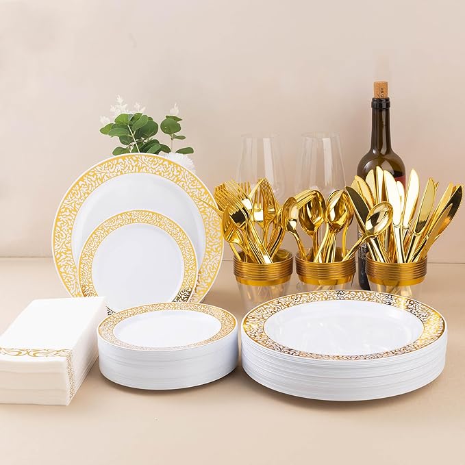 175PCS Gold Plastic Dinnerware Set for 25 Guests, Disposable Plates for Party, Wedding and Dinner, Include 25 Dinner Plates, 25 Dessert Plates, 25 Set Silverware, 25 Cups, 25 Napkins