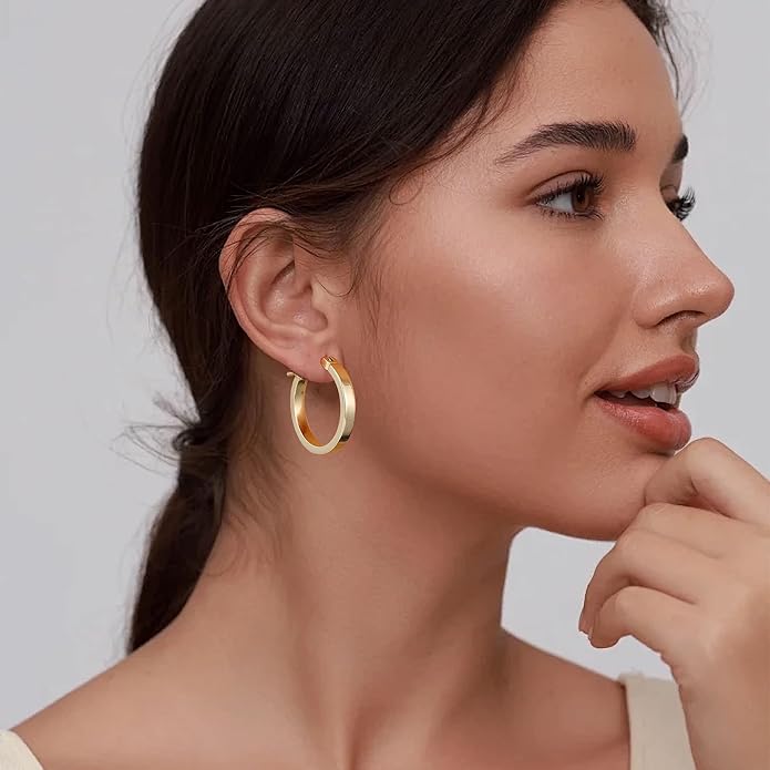 Gacimy Flatted Hoop Earrings for Women 14K Gold Plated with 925 Sterling Silver Post