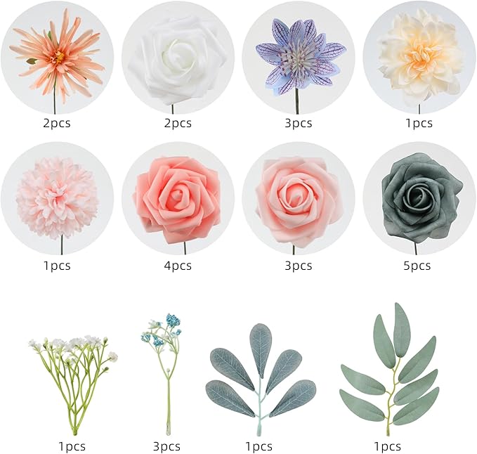 Floweroyal Artificial Flowers Combo Blue Flowers Mix Silk Flowers Dahlia Roses with Stems for DIY Wedding Bridal Bouquets, Baby Shower, Floral Arrangement, Table Centerpieces, Home Decorations.