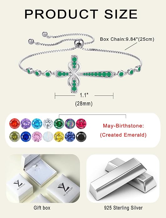 YL Cross Bracelet 925 Sterling Silver Infinity Sideways Link Bracelet Birthstone Jewelry for Women