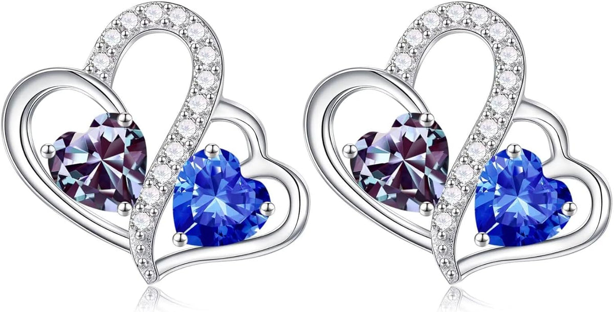 Iefil Valentines Day Gifts for Her - Birthstone Earrings Gift for Women, 925 Sterling Silver Double Heart Birthstone Earrings | Anniversary Birthday Gifts for Women, Personalized Jewelry for Wife Mom