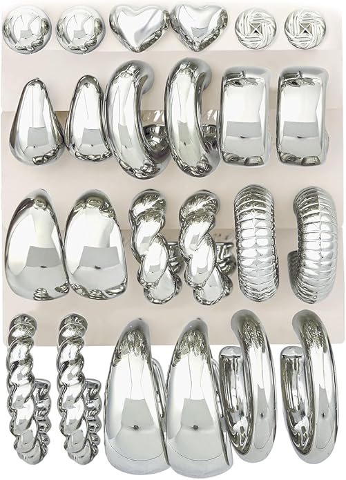 12 Pairs Chunky Gold Hoop Earrings for Women Trendy, Gold Plated Lightweight Hypoallergenic Stack, Thick Open Twisted Huggie Hoops Earring Set