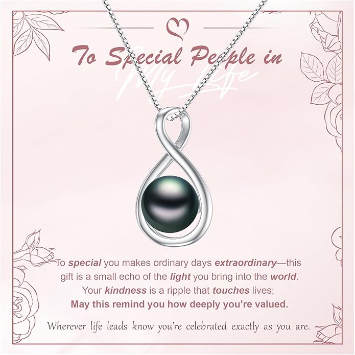 Tahitian Black Pearl 18K White Gold Plated Sterling Silver Heart/Infinity/Four Leaf Clover Pendant Necklace Jewelry Gifts for Women Wife Mom Girlfriend Wedding Birthday Anniversary Christmas