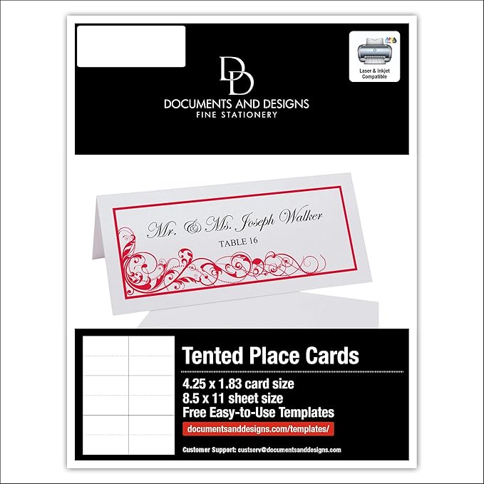 Scribble Vintage Swirl Printable Place Cards, Ruby Red (Choose Color), Set of 150 (25 Sheets), Laser & Inkjet Printers - Wedding, Party, Dinner, and Special Events