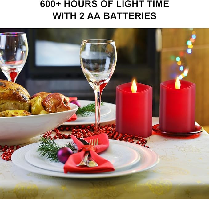3x4 Flickering Flameless Candles Set of 2,Real Wax led Candles Flickering,with Timer,4 inch Flameless Candles with Remote,Battery Operated Candles,for Party Wedding Holiday Home Decor,Red