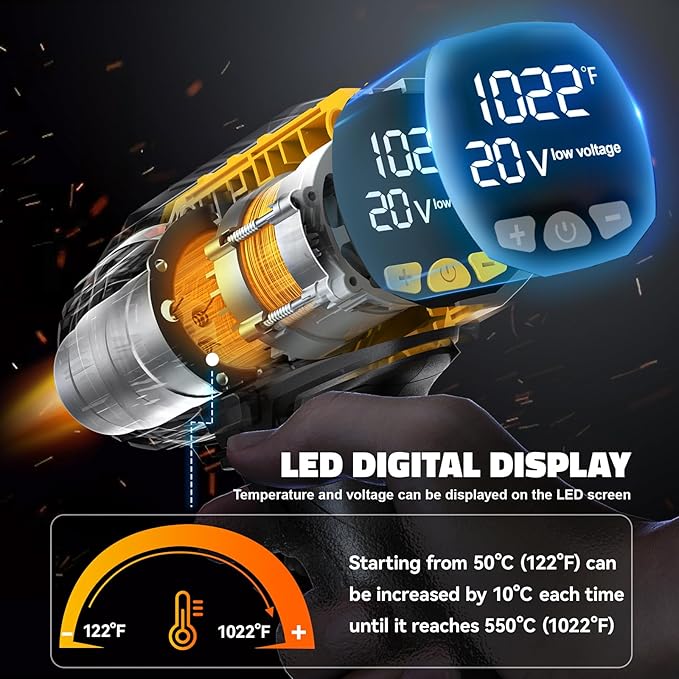 LIVOWALNY Heat Gun Compatible with Dewalt 20v Battery:350W Cordless Battery Powered Heat Gun 122℉~1022℉-Variable Temperature Control Heat Shrink Gun w/LED Digital Display for Shrink Tubing, Vinyl Wrap