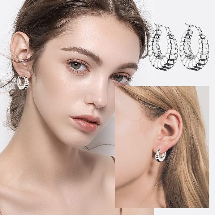 Wgoud Chunky Hoop Earrings Set 14K Gold Plated Hoop Earrings for Women Hypoallergenic, Thick Twisted Huggie Hoops Earring Set