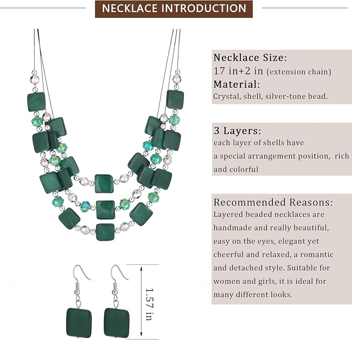 Layered Beaded Statement Necklaces for Women Square Shell Bead Collar Necklace and Earring Set Birthday Gifts Boho Jewelry Sets for Women
