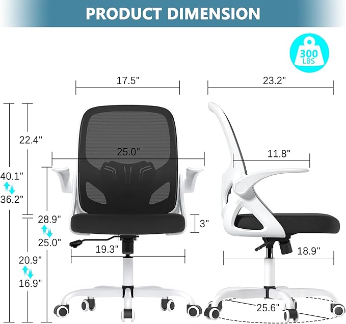 Home Desk Chair with Back Supportive Lumbar Support, Breathable Double Mesh Cushion Home Desk Office Chair with Flip up Arms, Modern Ergonomic Home Desk Office Chair for Work(White)