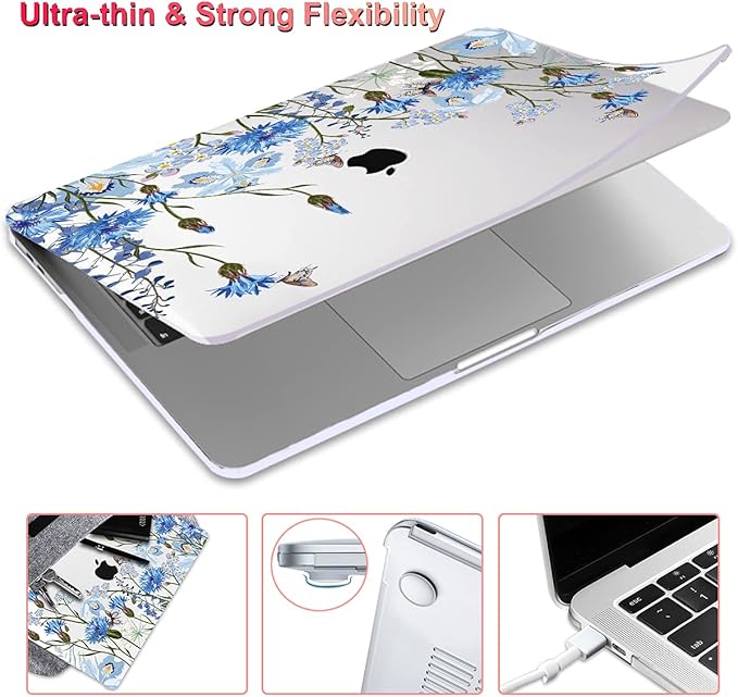 for MacBook Pro 13 Inch Case 2022 M2 2020 2021 A2338 M1 A2251 A2289 with Touch Bar & Touch ID, Plastic Hard Case Keyboard Cover Screen Protector Webcam Cover Brush, Tropical Blue Flowers