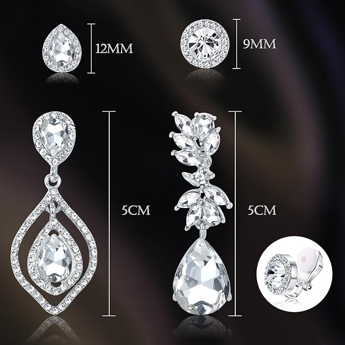 Jstyle 4 Pairs Silver Clip on Earrings for Women Elegant Rhinestone Clip on Earrings Dangle Drop for Brides Bridesmaids Non Pierced Earrings Set