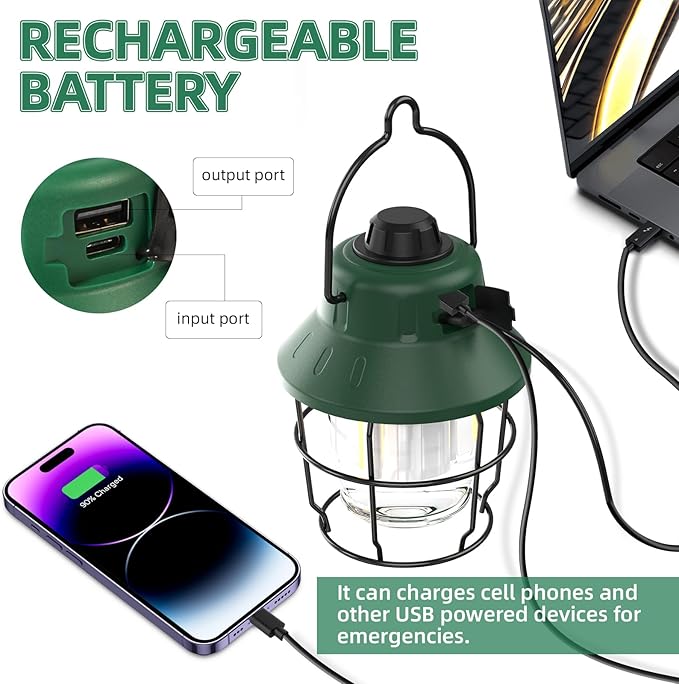 JINIU Rechargeable LED Camping Lantern, Mini Retro Portable Waterproof Lantern, 1000LM, 3 Light Modes (2700-6500K) Stepless Dimming Brightness, Hanging Tent Light for Camping, Power Outages