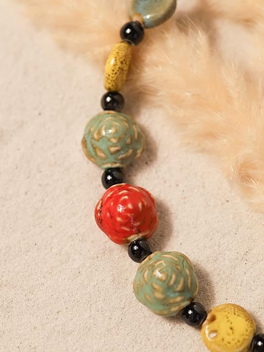 MINACHI Boho Hippie Round Ceramic Beads Strand Necklace, Vintage Bohemian Summer Beach Jewelry Gift for Women