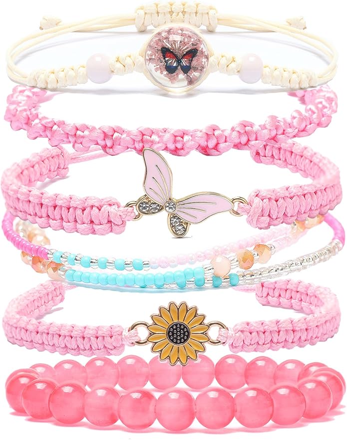 DS 6PCS String beads Charm Bracelets for Teen Girls Handmade Braided Rope Butterfly daisies Eternal flower Boho Surfer Bracelet for women Adjustable friendship Stretch birthday jewelry Gift Friends