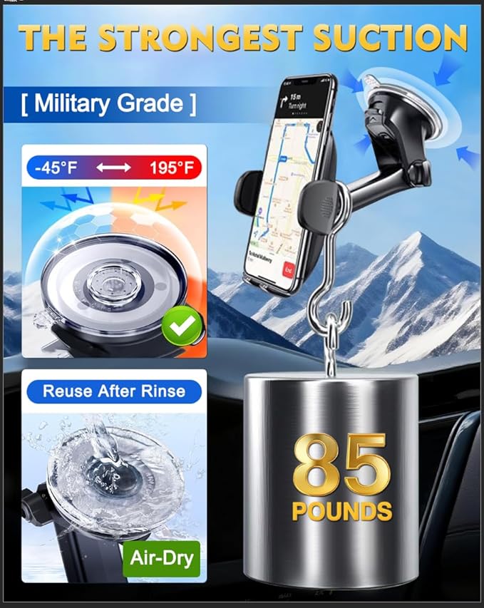 [Military-Grade Construction] Phone Holders for Your Car, 2025 New Car Phone Holder Cell Smartphone Mount Windshield Dashboard Suction Cup Stand Truck Cradle for iPhone Samsung Android All