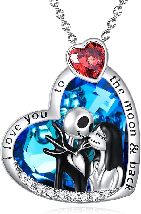 LILALO Nightmare Necklace Sterling Silver Abalone Shell Crystal Jack and Sally Necklace Jack Skellington Skull Jewelry Skull Necklaces for Women