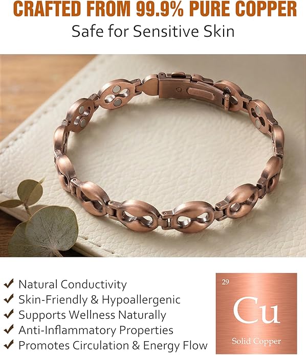 Jecanori Pure Copper Bracelet for Women,Copper Magnetic Bracelet With 3500 Gauss Magnets, Adjustable Jewelry Gift with Sizing Tool