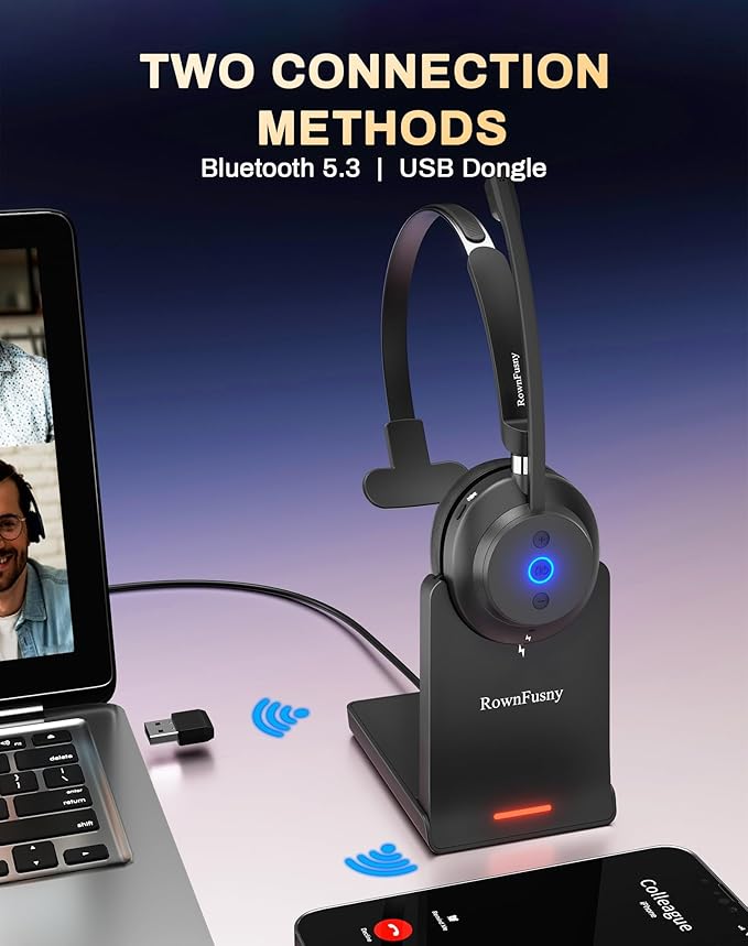 Wireless Headset with Mic for Work,Bluetooth Headphones for PC,Office,Call Center,Computer Headphones with Microphone 2.4Ghz USB Dongle & Bluetooth 5.3,Lightweight & Comfortable for Online Class,Home
