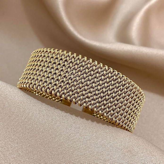 hotoo Gold Open Cuff Bangles Wide Woven Bracelets For Women Stainless Steel Stackable Jewelry For Xmas Birthday Gifts