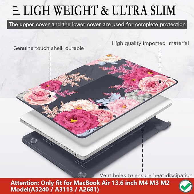 CISSOOK Laptop Cover, Hard Shell Case with Keyboard Cover for MacBook Air 13.6 inch M3 A3113 & M2 A2681, Gorgeous Flowers