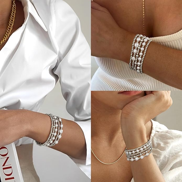 adoyi Gold Bracelets for Women Beaded Bracelet 14K Gold Plated Bracelet Stack Strand Stretch Bead Ball Bracelet Set Stackable Bracelet Adjustable Bracelet Set Jewelry for Gifts