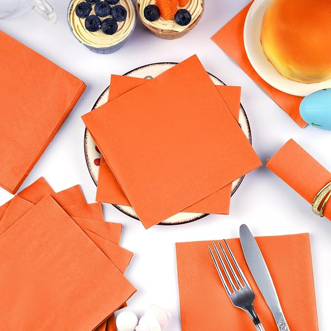 100 Pack Cocktail Napkins Disposable, 2-Ply 5" x 5" Party Napkins, Square Beverage Dinner Napkin for Wedding Birthday Party Anniversary Reception Bar Event (Orange)