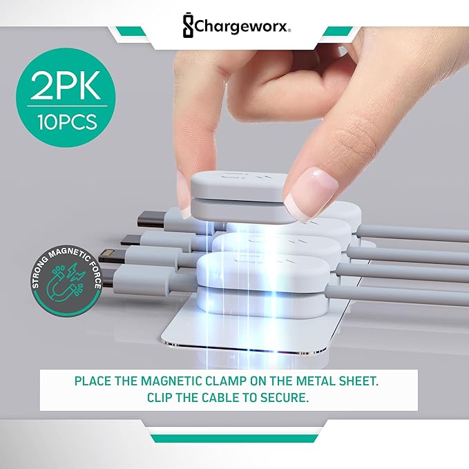 Magnetic Cable Clips [10-Pack] – Chargeworx Cord Organizer for Desk, Nightstand, Car, Wall – Strong Adhesive Wire Holder for USB-C, Lightning, Micro-USB – Tangle-Free, Snap-On, Easy Cable Management