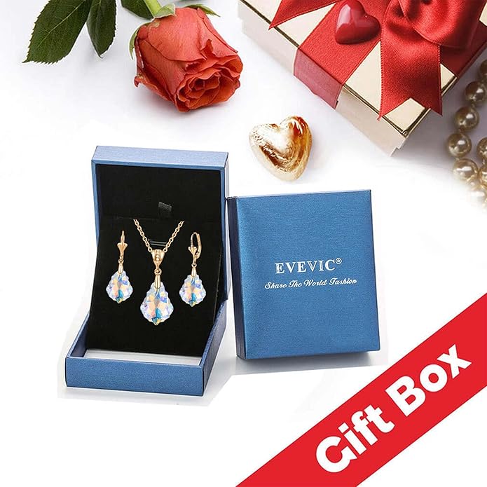 EVEVIC Austrian Crystals Baroque Pendant Necklace Earrings for Women 14K Gold Plated Hypoallergenic Leverback Drop Dangle Earrings Jewelry Set