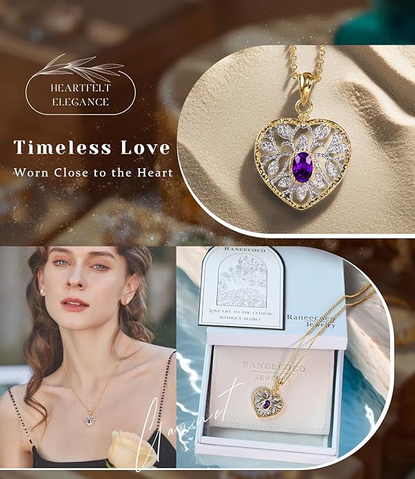 Raneecoco Natural Gemstone Necklace for Women 18K Gold Plated Sterling Silver Two-Tone Tree of Life & Love Heart Pendant Jewelry | Dainty Birthstone Gift For Her Mother Wife