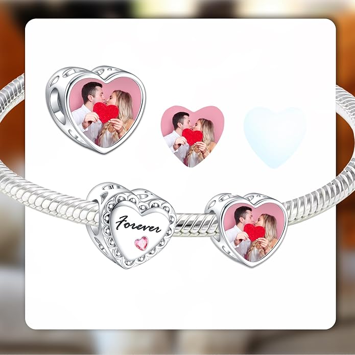 Annmors Personalized Photo Charm for Bracelet Necklaces,925 Sterling Silver Charm Love Heart Shaped Engraved Customize Picture Gift for Birthday Mother's Day Christmas,Bead Charms Jewelry for Women