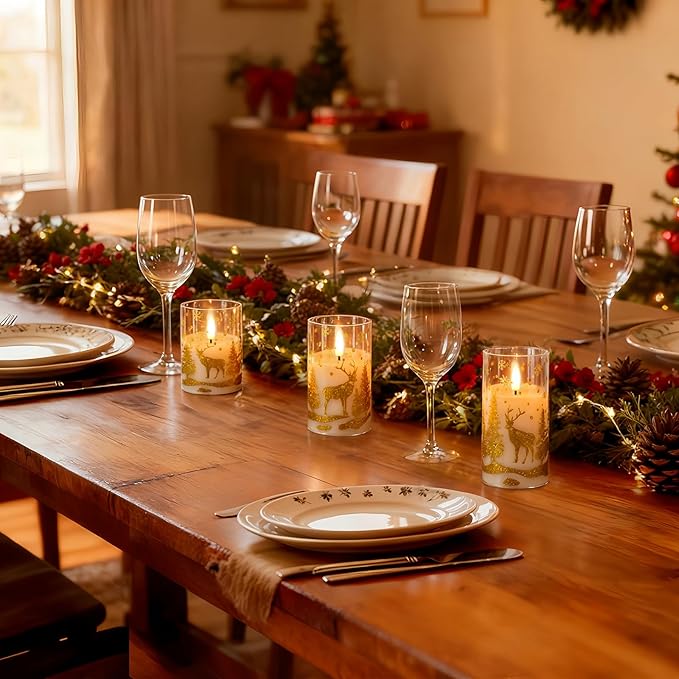 Amagic Christmas Flameless Candles with Remote and Timer, Glass Battery Operated Candles, Real Wax Electric LED Pillar Candles with Gold Deer for Thanksgiving Decor, Set of 3