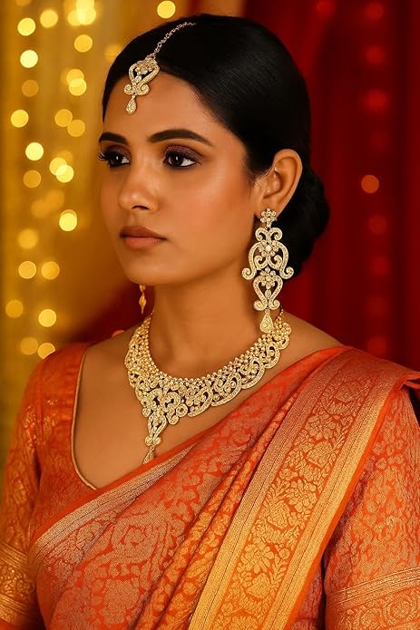 Touchstone Indian jewelry set for women bollywood gold jewellery wedding outfits necklace sets earrings bridal maang tikka fancy costume girls big desi accessories rhinestone in gold or silver tone