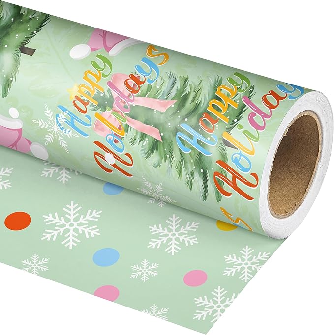 Vnaaem Reversible Green Christmas Wrapping Paper Roll - Happy Holiday Text, Santa hats & Polka Dots Design Gift Wrap for Holiday Party Celebration, DIY Craft - 17 In X 20 Ft(Total 28.5sq.ft)