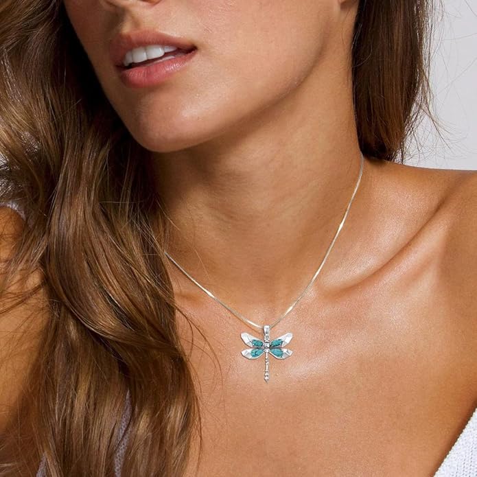 Genuine Turquoise Dragonfly Boho Necklace, Sterling Silver Vintage Native American Western Jewelry Birthdays Gift for Women