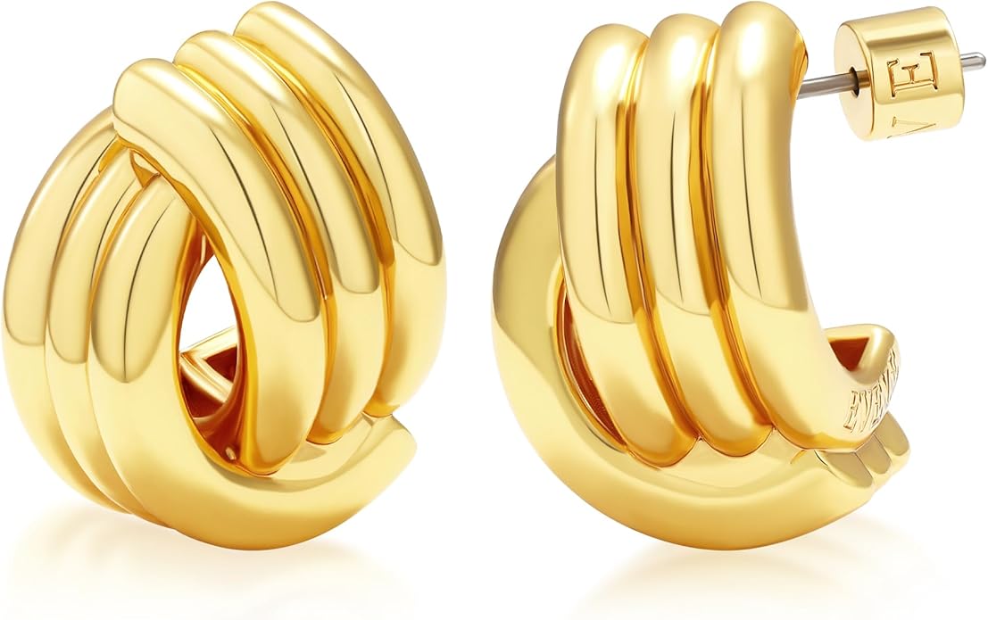 EVEYE Trendy 18k Gold Plated Knot Earrings for Women Drop Dangle Statement Earrings Chunky Knot Link Circle Statement Drop Dangle Earrings Studs Textured Metal Stud Hypoallergenic Jewelry Gifts