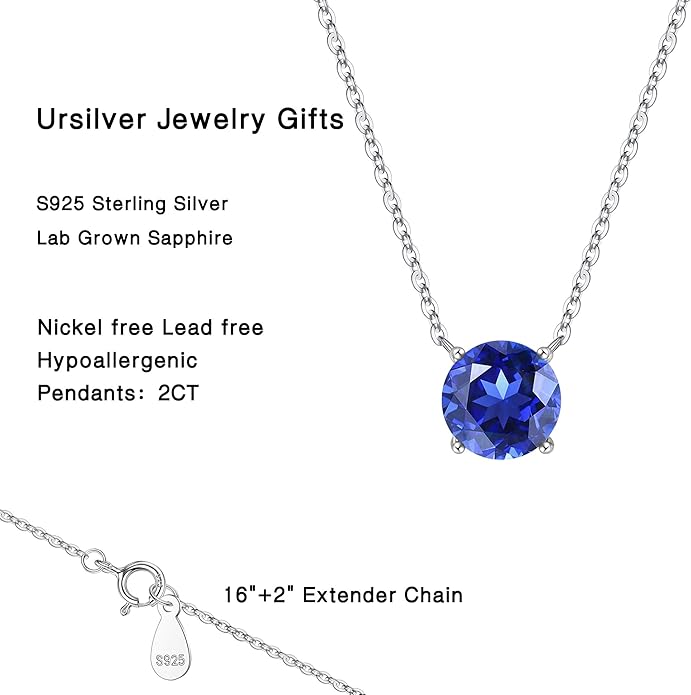 Ursilver Sapphire Necklace for Women, S925 Sterling Silver Birthstone Necklace 2CT Lab Grown Sapphire Birthstone Necklaces September Birthday Gifts September Jewelry Gifts for Women