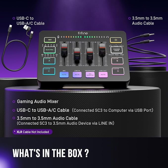 FIFINE Gaming Audio Mixer, Streaming RGB PC Mixer with XLR Microphone Interface, Individual Control, Volume Fader, Mute Button, 48V Phantom Power, for Podcast/Recording/Vocal/Game Voice-AmpliGame SC3