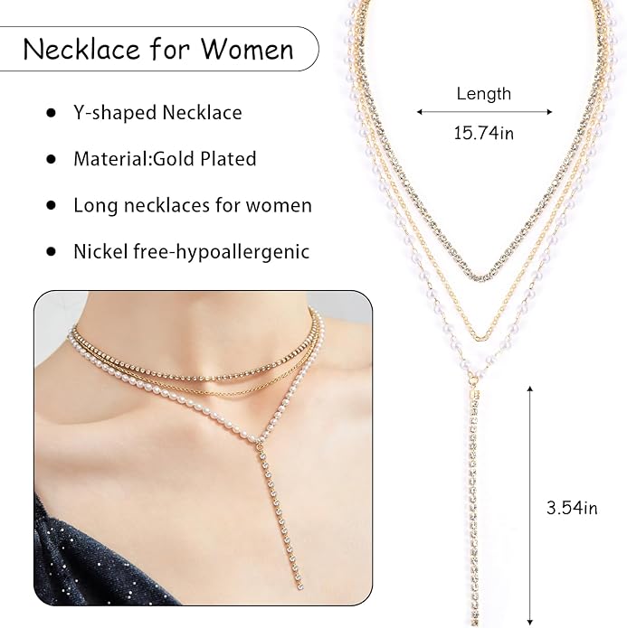 Necklace for Women, Dainty Long 14K Gold Y-Shaped Necklace Jewelry Trendy Beaded Layered Chain Drop Necklaces Jewelry Women Gifts