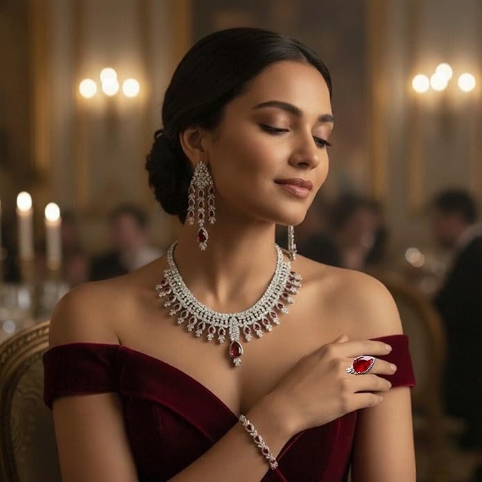 Rhinestone Wedding Bridal Jewelry Set Women's Prom-Style Necklace, Earrings, Bracelet, Ring Bridesmaid Gift Pairs with Evening Gown