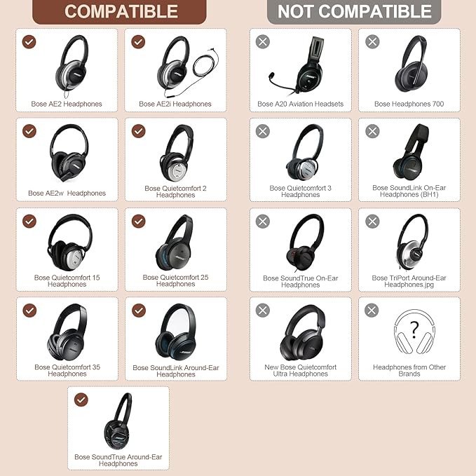 Aurivor Replacement Ear Pads Cushions for Bose QuietComfort QC 35 (ii) 25 15 2 Headphones, Upgraded Earpads for QC35 (ii) QC25 QC15 QC2 SoundTrue/SoundLink AE2/AE2i/AE2w Around-Ear Headphones (Brown)