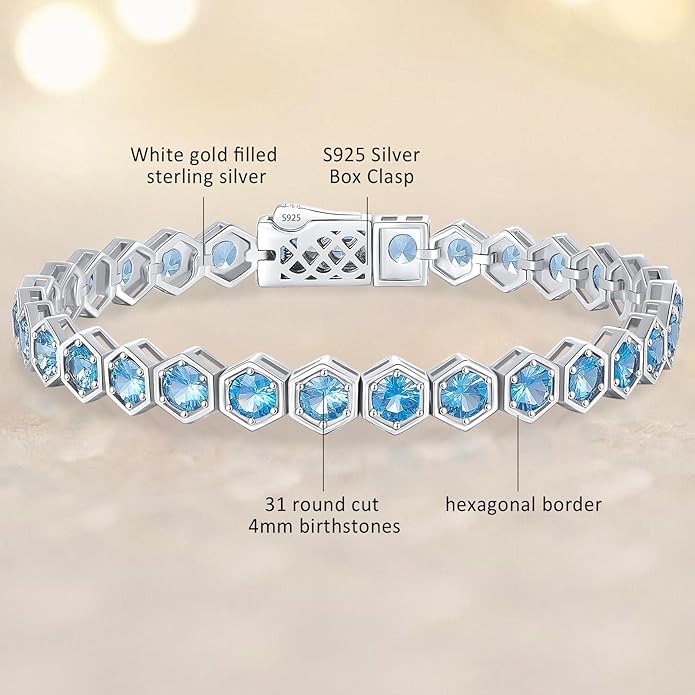 Birthstone Tennis Bracelets for Women Birthday Gifts 925 Sterling Silver Hexagon White Gold Bracelets Round Cut 5A Cubic Zirconia Prong Setting 7 Inch Anniversary Jewelry Gift