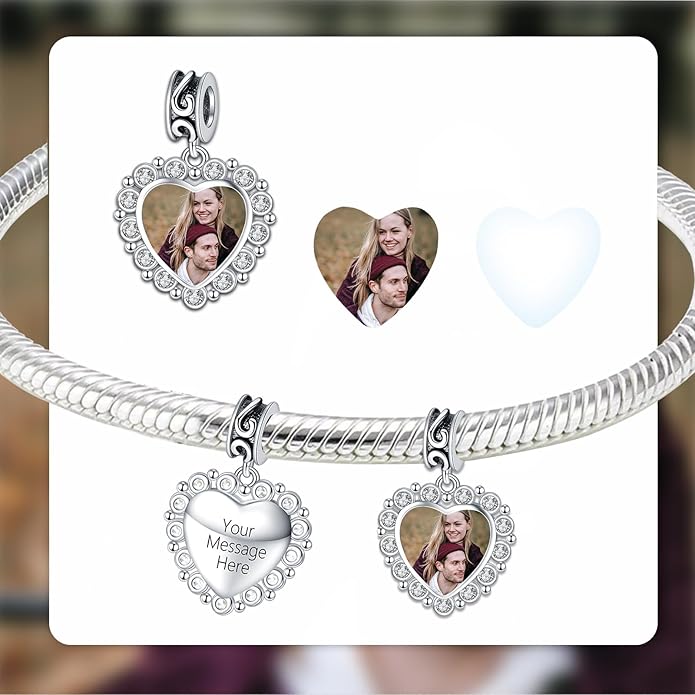 Annmors Personalized Photo Charm for Bracelet Necklaces,925 Sterling Silver Charm Love Heart Shaped Engraved Customize Picture Gift for Birthday Mother's Day Christmas,Bead Charms Jewelry for Women