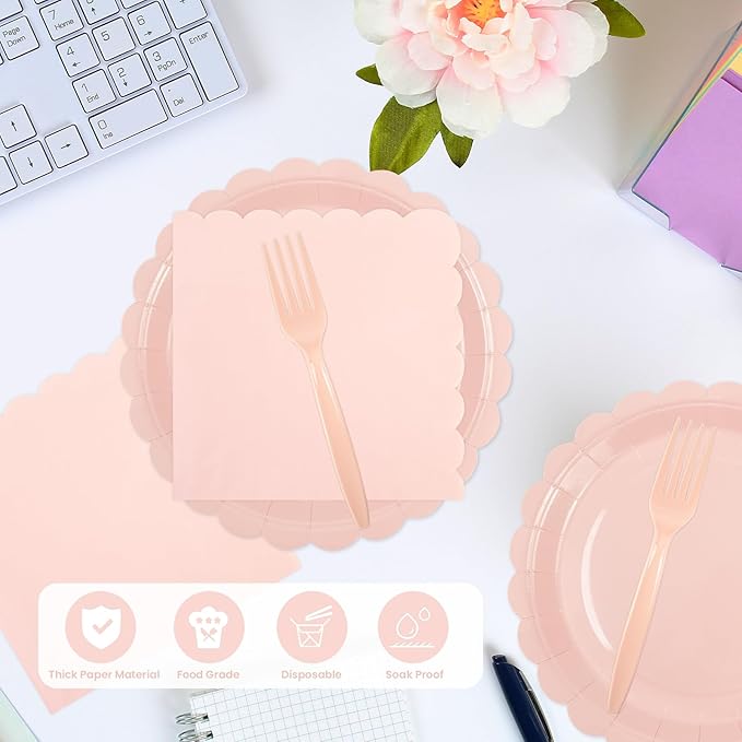 96PCS Pink Paper Plates and Napkins, 24 Guest Light Pink Disposable Tableware Set Include Scalloped Paper Plates Napkins and Forks Decoration Party Supplies for Birthday Wedding Baby Shower