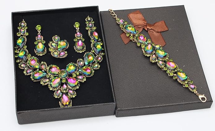 Women's Wedding Bridal Austrian Crystal Glass Teardrop Statement Necklace Dangle Earrings Bracelet Ring Wedding Party Jewelry Set for Bridal Bridesmaid
