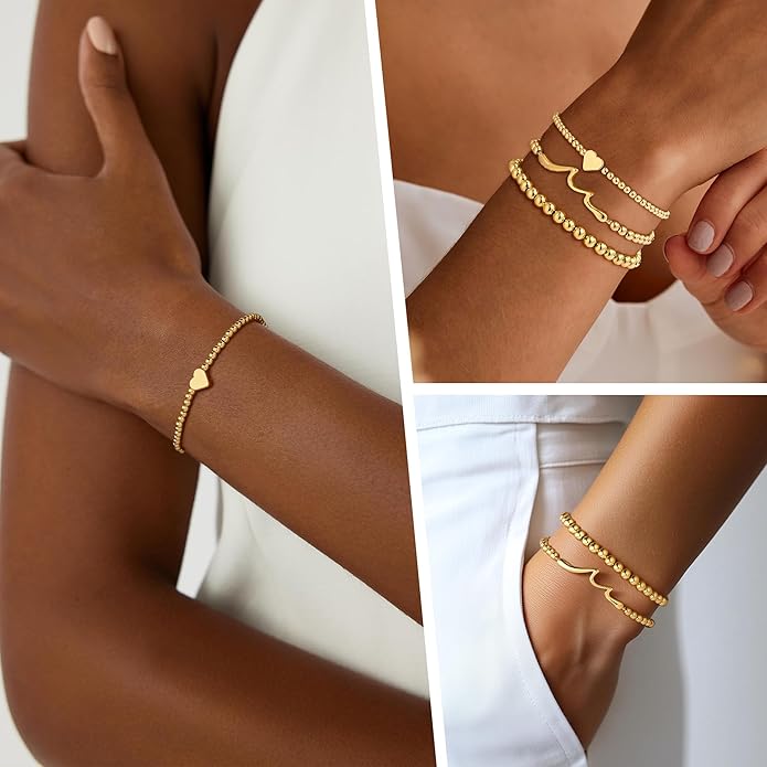 Turandoss Gold Bracelets for Women - Dainty 14K Gold Plated Bow Cross Beaded Bracelets for Women Stackable Heart Bead Bracelet Set Wave CZ Round Ball Bracelet Valentine's Day Gifts for Her