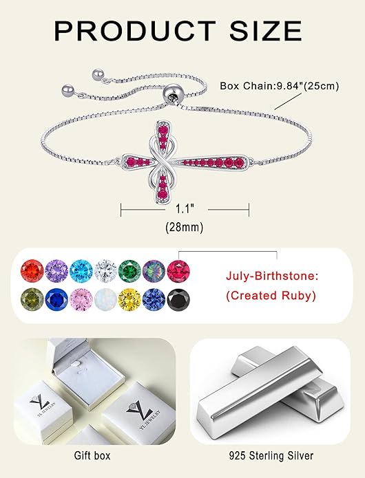 YL Cross Bracelet 925 Sterling Silver Infinity Sideways Link Bracelet Birthstone Jewelry for Women