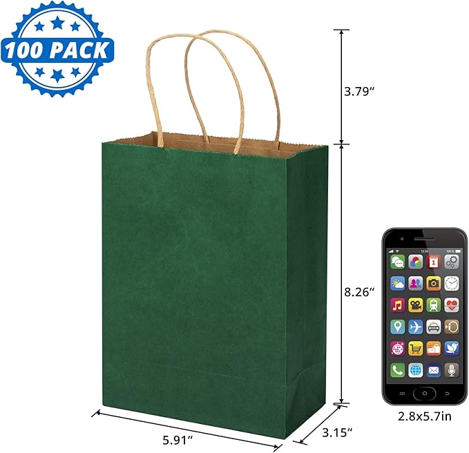 100 Pack 5.9x3.15x8.26 inch Small Green Gift Bags, Kraft Bags with Handles Bulk for Birthday Party Favors,Gift Paper Bags,Retail Shopping Business Goody Craft Gift Bags