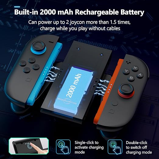 Switch 2 Joycon Charging Grip with Built-in 2000 mAH Battery, Super Magnetic Charger Handle for Nintendo Switch 2 Joycons, Ergonomic Controller Grips for Playing While Charging, Switch 2 Accessories Black (Built-in Battery Black)