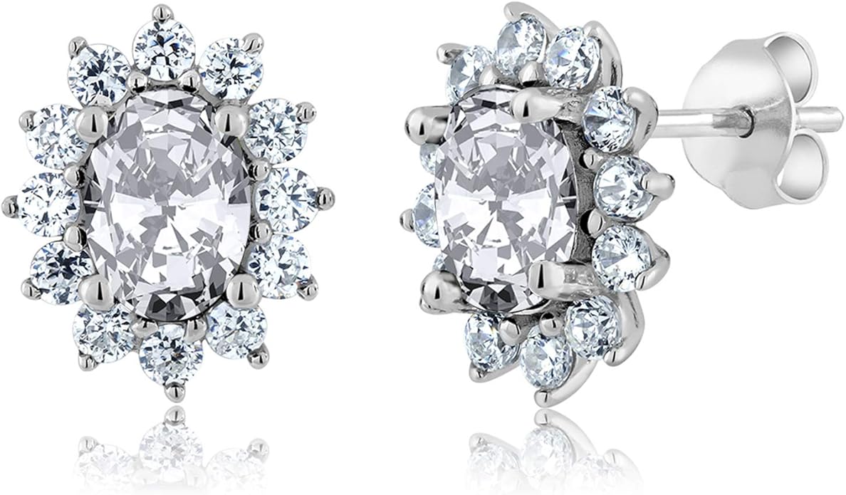 Gem Stone King 7X5MM Oval Gemstone Birthstone Stud Earrings For Women | Princess Diana Royal Halo Style | 925 Sterling Silver | Fine Jewelry Gifts for Anniversary Wedding Her Mom Women Wife